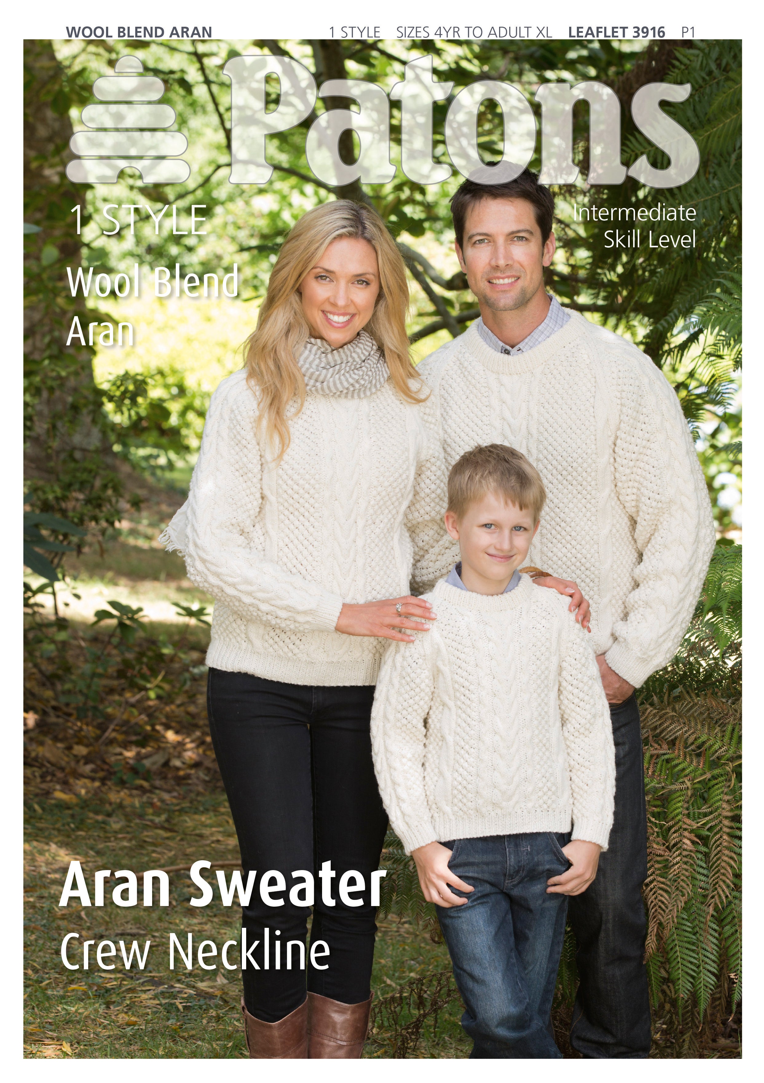 Patons Wool Blend Aran Family Sweaters Knitting Pattern 3916