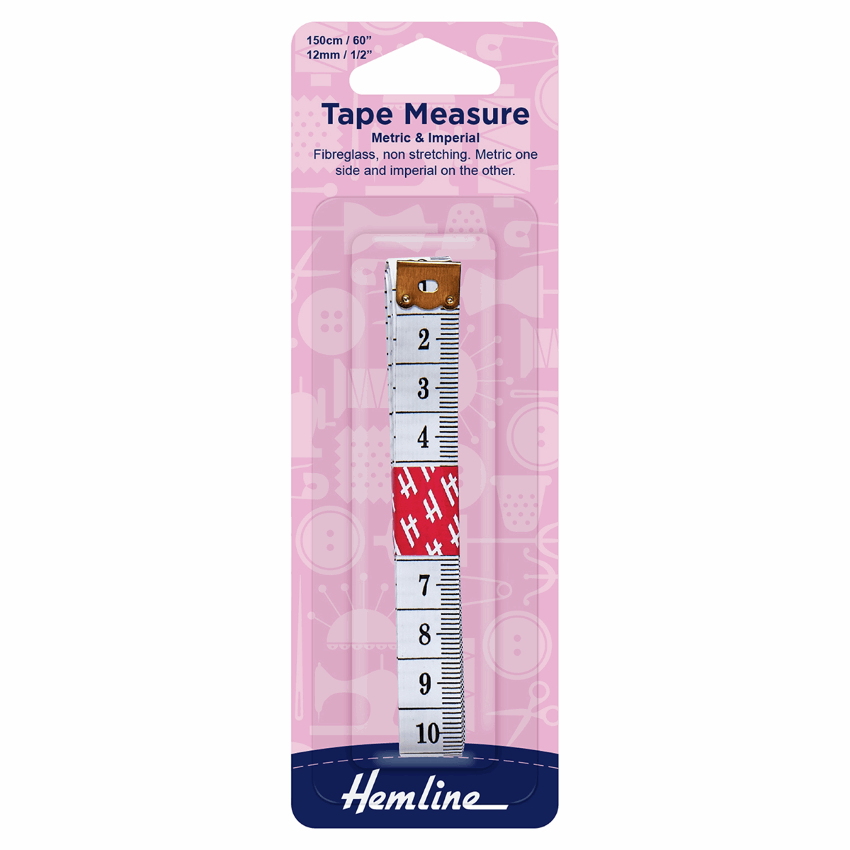 Hemline Tape Measure: Metric/Imperial: 12mm x 150cm, 1/2 x 60in